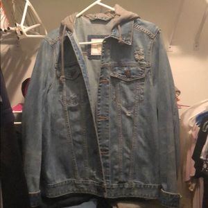 Jean jacket with attached grey hoodie